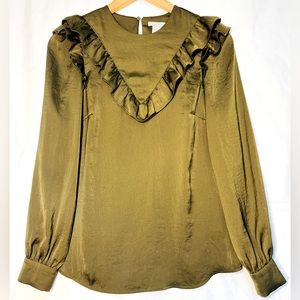 H & M Olive Green Long Sleeve, Ruffle Front Blouse Size 6
